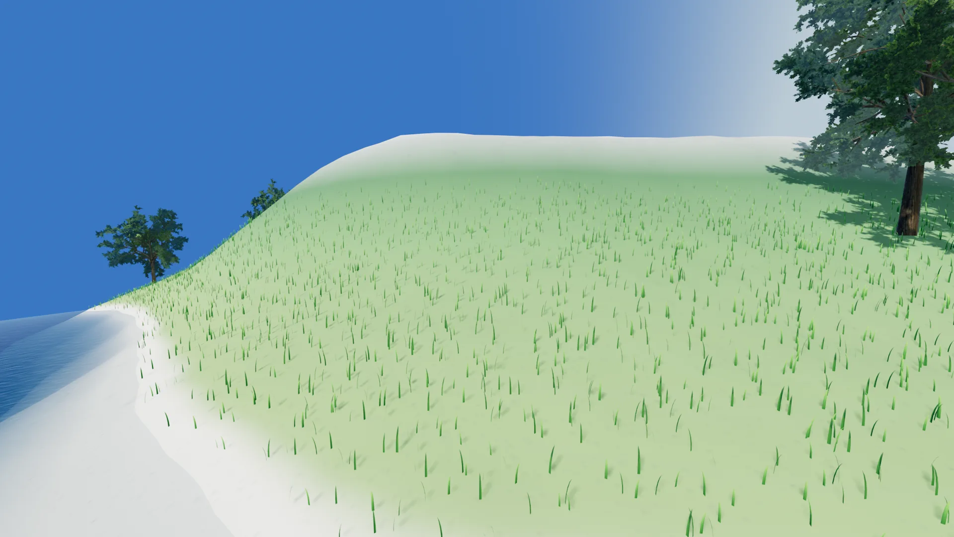 Standing on a CelestialSim planet: a lake, grass and scattered oaks